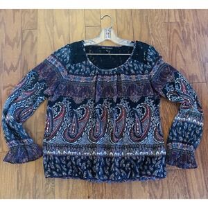 Sara‎ Michelle Black Floral Paisley Shimmering Blouse Women's Sz L Lined Top